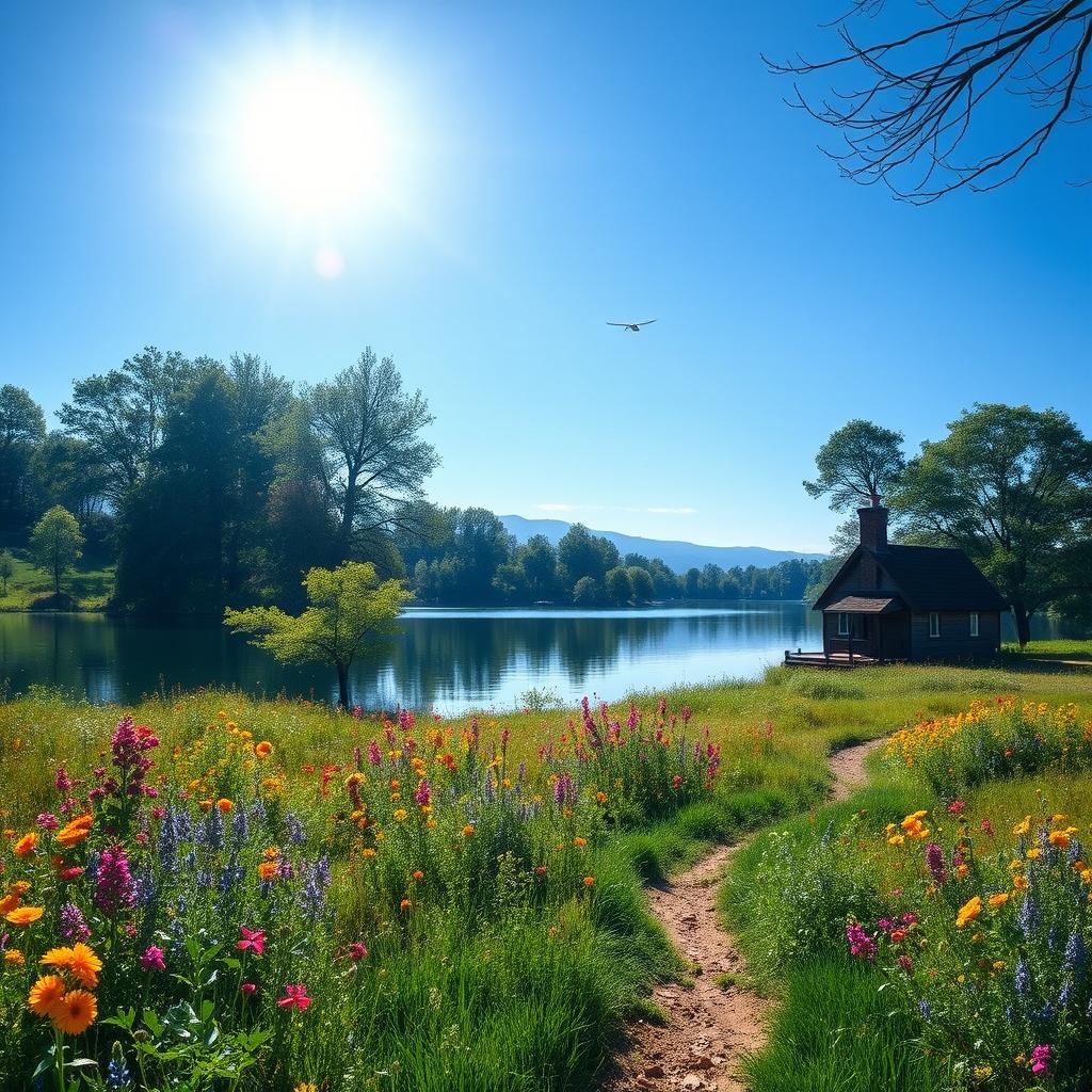 A serene landscape featuring a tranquil lake surrounded by lush trees and vibrant wildflowers under a clear blue sky