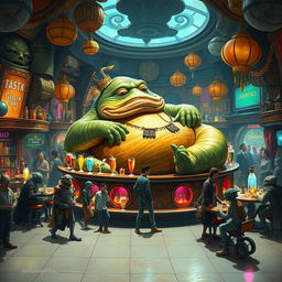 A full body depiction of Jabba the Hutt, the iconic character from Star Wars, in a lively bar setting