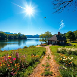 A serene landscape featuring a tranquil lake surrounded by lush trees and vibrant wildflowers under a clear blue sky