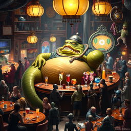 A full body depiction of Jabba the Hutt, the iconic character from Star Wars, in a lively bar setting