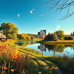 A serene landscape featuring a tranquil lake surrounded by lush trees and vibrant wildflowers under a clear blue sky