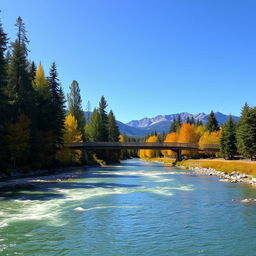 A serene landscape depicting a tranquil river flowing through a lush forest