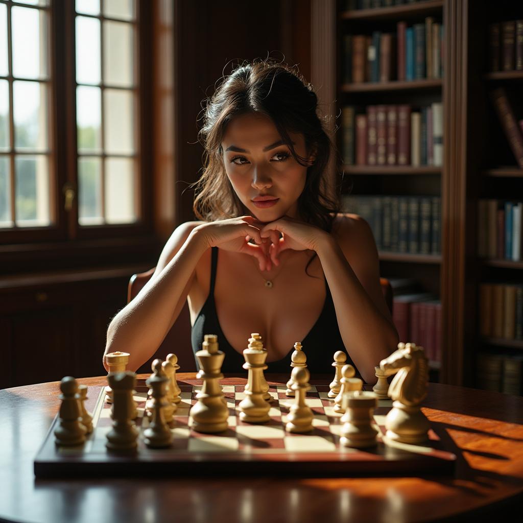 A topless woman playing chess, her expression focused and thoughtful