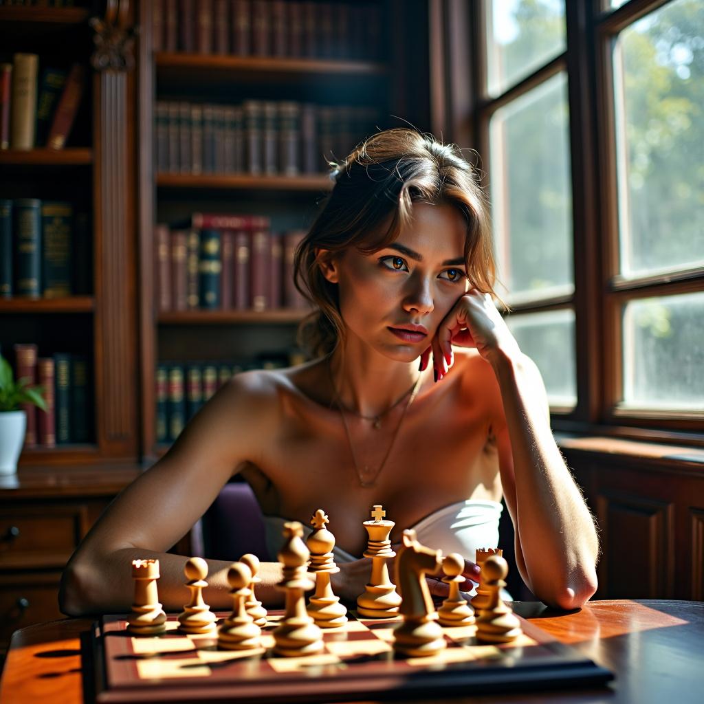 A topless woman playing chess, her expression focused and thoughtful