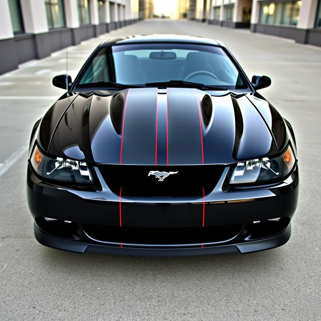 A 1999 Ford Mustang Cobra with a deep gloss black body featuring two matte black 8-inch stripes centered from the front to the back, spaced 1 inch apart