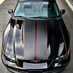 A 1999 Ford Mustang Cobra with a deep gloss black body featuring two matte black 8-inch stripes centered from the front to the back, spaced 1 inch apart