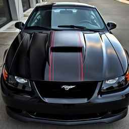 A 1999 Ford Mustang Cobra with a deep gloss black body featuring two matte black 8-inch stripes centered from the front to the back, spaced 1 inch apart