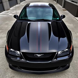 A 1999 Ford Mustang Cobra with a deep gloss black body featuring two matte black 8-inch stripes centered from the front to the back, spaced 1 inch apart