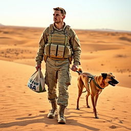 A USA soldier in desert camouflage gear stands in the arid expanse of a desert, holding a bag of food in one hand and a dog leash in the other