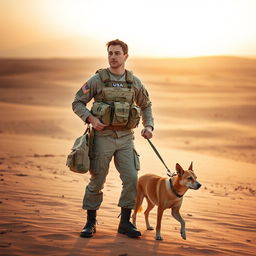 A USA soldier in desert camouflage gear stands in the arid expanse of a desert, holding a bag of food in one hand and a dog leash in the other