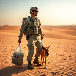 A USA soldier in desert camouflage gear stands in the arid expanse of a desert, holding a bag of food in one hand and a dog leash in the other