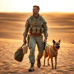 A USA soldier in desert camouflage gear stands in the arid expanse of a desert, holding a bag of food in one hand and a dog leash in the other