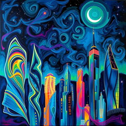 A vibrant abstract painting of a city skyline at night, with swirling neon lights reflecting off glass skyscrapers, creating a dreamlike atmosphere