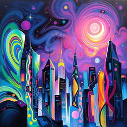 A vibrant abstract painting of a city skyline at night, with swirling neon lights reflecting off glass skyscrapers, creating a dreamlike atmosphere