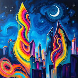 A vibrant abstract painting of a city skyline at night, with swirling neon lights reflecting off glass skyscrapers, creating a dreamlike atmosphere