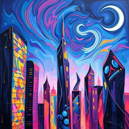 A vibrant abstract painting of a city skyline at night, with swirling neon lights reflecting off glass skyscrapers, creating a dreamlike atmosphere