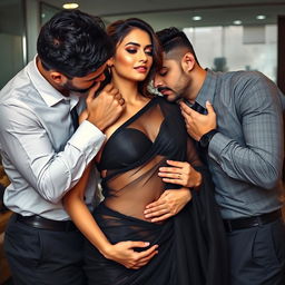 A seductive scene featuring a beautiful woman wearing a black transparent saree, her captivating allure heightened