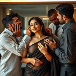 A seductive scene featuring a beautiful woman wearing a black transparent saree, her captivating allure heightened