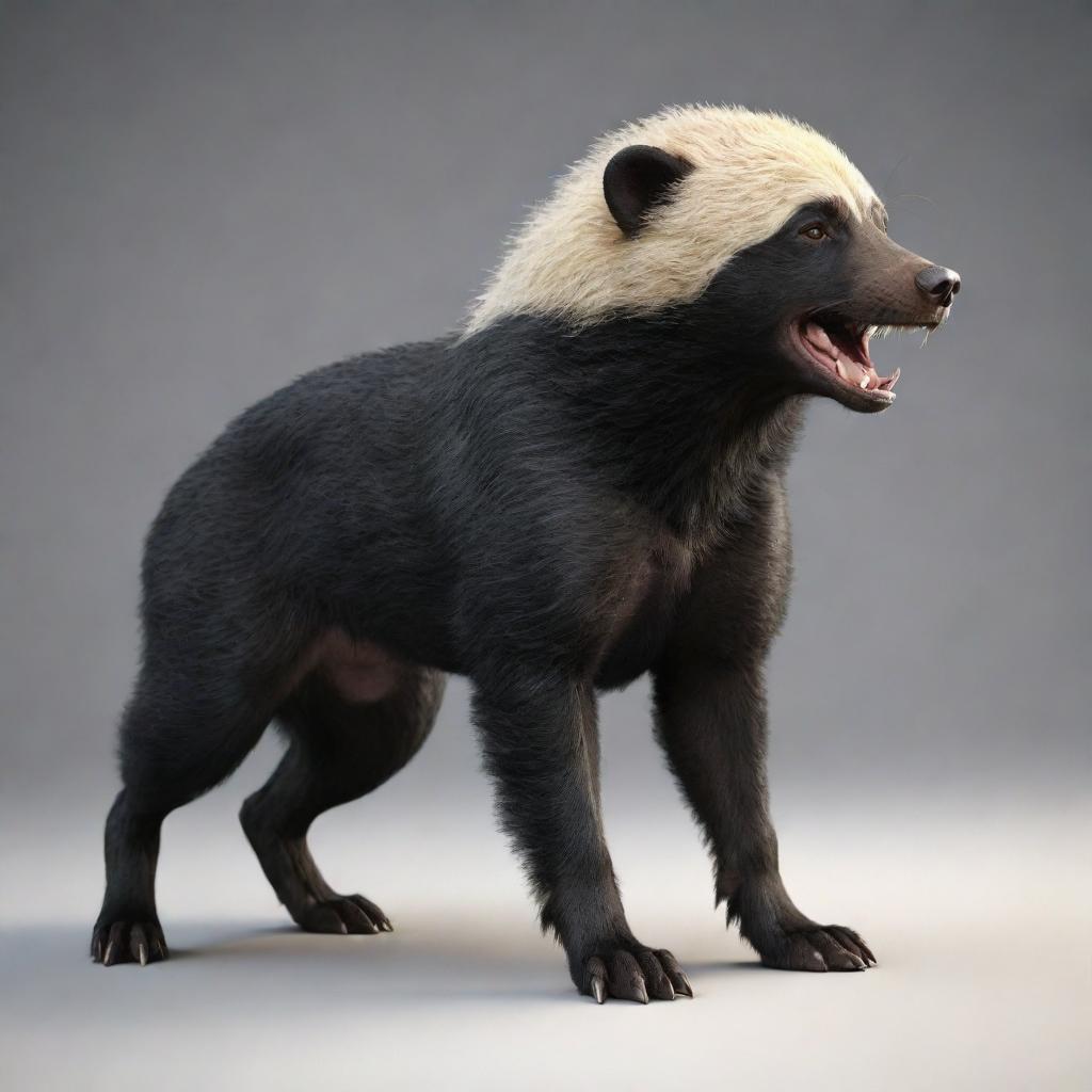 A stunning 3D rendering of a unique fusion creature which is half dog (perro) and half Honey Badger. One side displays the affectionate characteristics of a dog while the other projects the fearsome aspects of a Honey Badger.