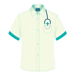 Camisa estilizada para um projeto de saúde, com cores frescas e inspiradoras como verde e azul, incorporando símbolos de saúde e bem-estar como um coração batendo ou uma cruz médica