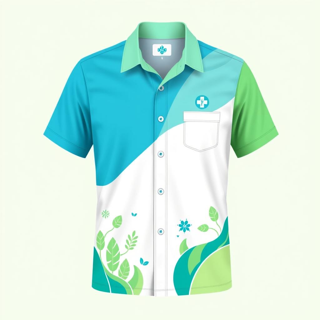 Camisa estilizada para um projeto de saúde, com cores frescas e inspiradoras como verde e azul, incorporando símbolos de saúde e bem-estar como um coração batendo ou uma cruz médica