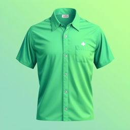 Camisa estilizada para um projeto de saúde, com cores frescas e inspiradoras como verde e azul, incorporando símbolos de saúde e bem-estar como um coração batendo ou uma cruz médica