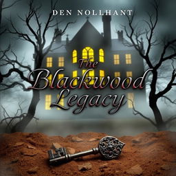 A suspenseful book cover titled 'The Blackwood Legacy', featuring the silhouette of Blackwood Manor partially obscured by mist, surrounded by twisted, barren trees