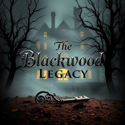 A suspenseful book cover titled 'The Blackwood Legacy', featuring the silhouette of Blackwood Manor partially obscured by mist, surrounded by twisted, barren trees