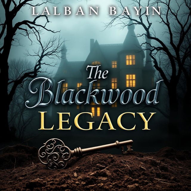 A suspenseful book cover titled 'The Blackwood Legacy', featuring the silhouette of Blackwood Manor partially obscured by mist, surrounded by twisted, barren trees