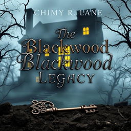 A suspenseful book cover titled 'The Blackwood Legacy', featuring the silhouette of Blackwood Manor partially obscured by mist, surrounded by twisted, barren trees