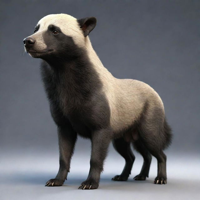 A stunning 3D rendering of a unique fusion creature which is half dog (perro) and half Honey Badger. One side displays the affectionate characteristics of a dog while the other projects the fearsome aspects of a Honey Badger.