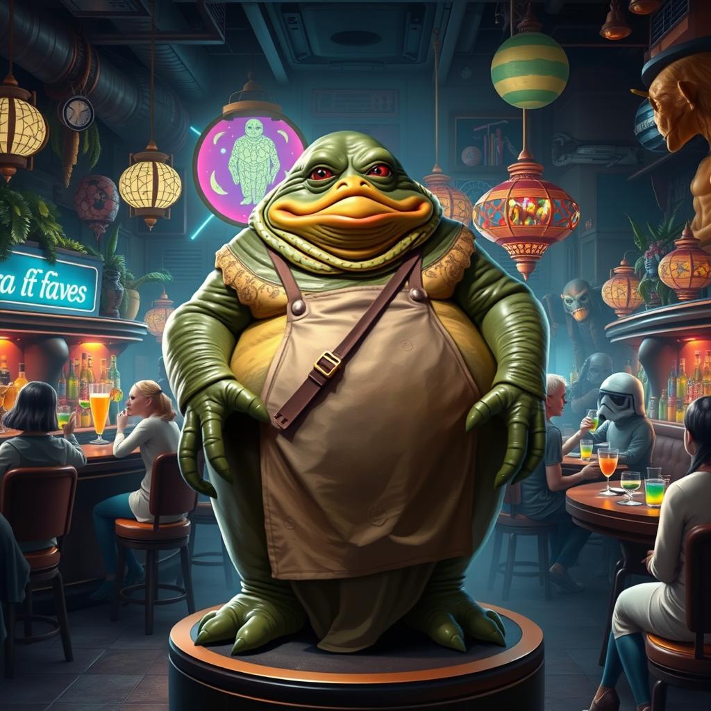 A full body depiction of Jabba the Hutt, the iconic character from Star Wars, in a lively Star Wars-themed bar setting wearing a large apron