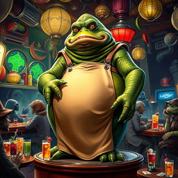 A full body depiction of Jabba the Hutt, the iconic character from Star Wars, in a lively Star Wars-themed bar setting wearing a large apron