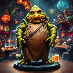 A full body depiction of Jabba the Hutt, the iconic character from Star Wars, in a lively Star Wars-themed bar setting wearing a large apron