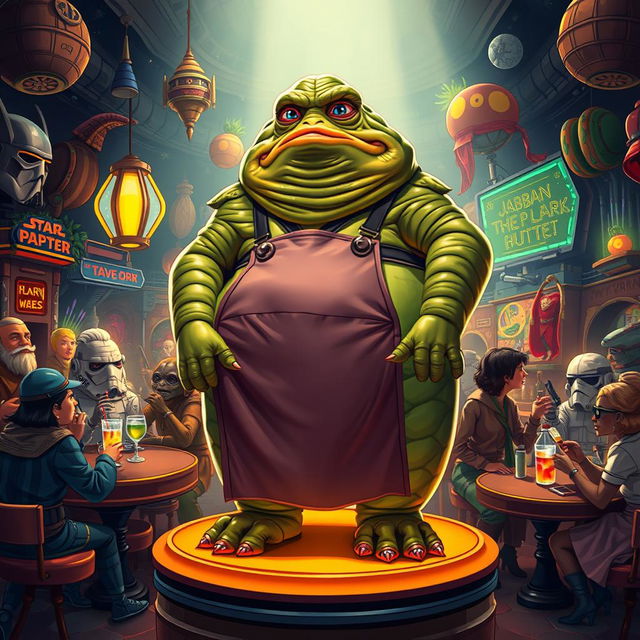 A full body depiction of Jabba the Hutt, the iconic character from Star Wars, in a lively Star Wars-themed bar setting wearing a large apron