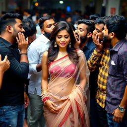 A captivating scene featuring a beautiful woman wearing a transparent saree, surrounded by several handsome men who are adoringly kissing various parts of her body