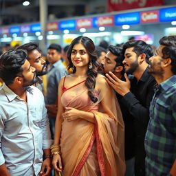 A captivating scene featuring a beautiful woman wearing a transparent saree, surrounded by several handsome men who are adoringly kissing various parts of her body