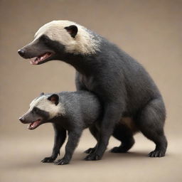 A stunning 3D rendering of a unique fusion creature which is half dog (perro) and half Honey Badger. One side displays the affectionate characteristics of a dog while the other projects the fearsome aspects of a Honey Badger.