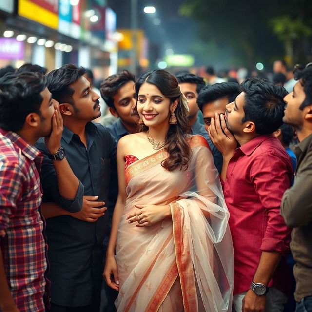 A captivating scene featuring a beautiful woman wearing a transparent saree, surrounded by several handsome men who are adoringly kissing various parts of her body