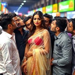 A captivating scene featuring a beautiful woman wearing a transparent saree, surrounded by several handsome men who are adoringly kissing various parts of her body