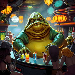 Jabba the Hutt, the iconic character from Star Wars, standing behind a bar counter in a lively intergalactic cantina