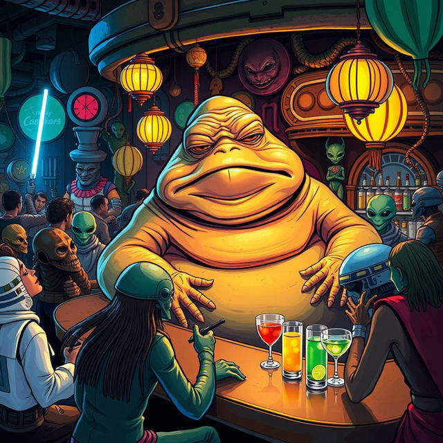 Jabba the Hutt, the iconic character from Star Wars, standing behind a bar counter in a lively intergalactic cantina