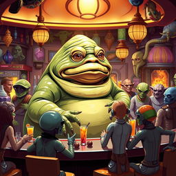 Jabba the Hutt, the iconic character from Star Wars, standing behind a bar counter in a lively intergalactic cantina