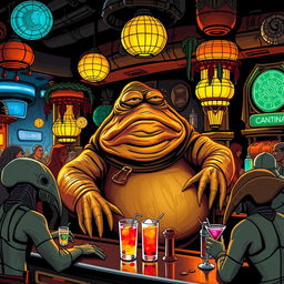 Jabba the Hutt, the iconic character from Star Wars, standing behind a bar counter in a lively intergalactic cantina