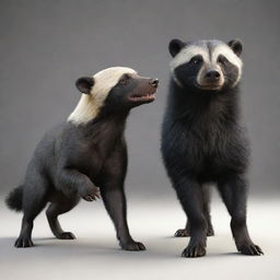 A stunning 3D rendering of a unique fusion creature which is half dog (perro) and half Honey Badger. One side displays the affectionate characteristics of a dog while the other projects the fearsome aspects of a Honey Badger.