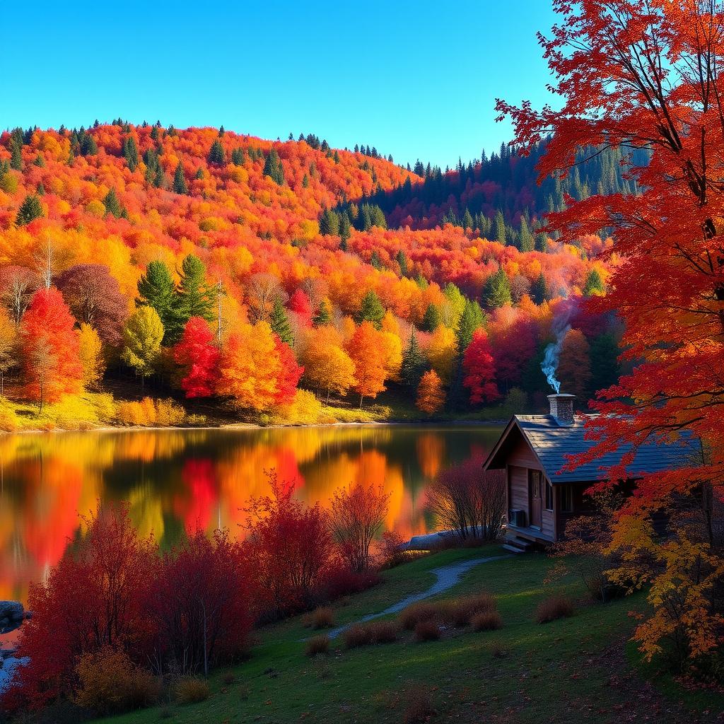 A picturesque landscape featuring a vibrant autumn forest with trees in fiery reds, oranges, and yellows