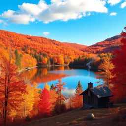 A picturesque landscape featuring a vibrant autumn forest with trees in fiery reds, oranges, and yellows