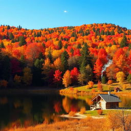 A picturesque landscape featuring a vibrant autumn forest with trees in fiery reds, oranges, and yellows