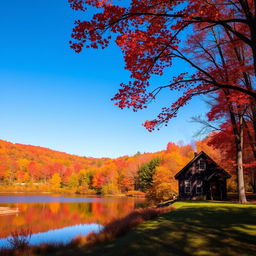 A picturesque landscape featuring a vibrant autumn forest with trees in fiery reds, oranges, and yellows