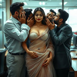 A provocative scene featuring a beautiful woman in a transparent saree, surrounded by several men in an office setting